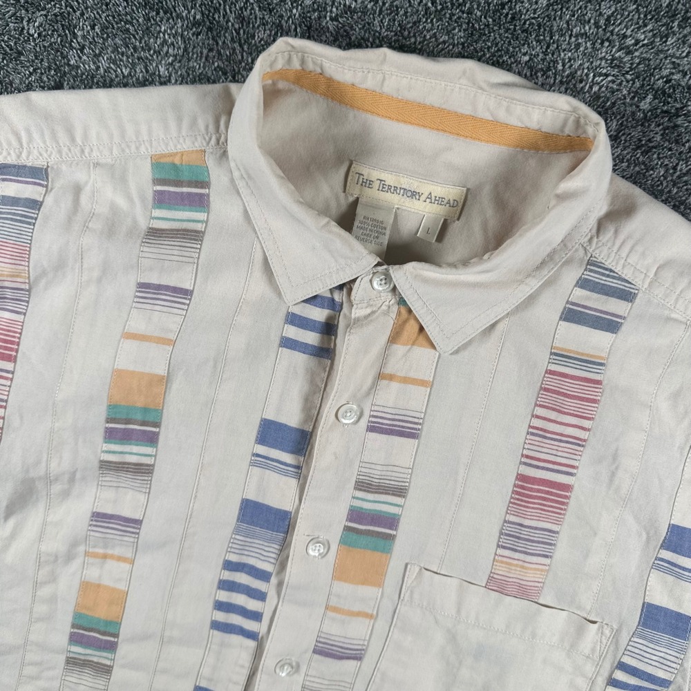 Territory Ahead Shirt Mens Large Beige Striped Pintuck Short Sleeve Cotton
